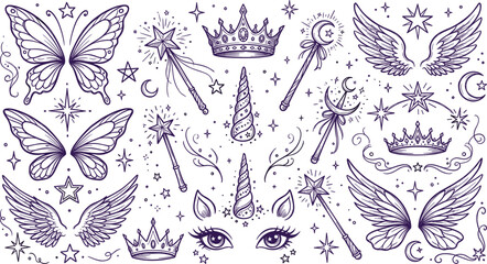 Magical fairy fairy-tale elements set featuring butterfly wings crowns magic wands unicorn horns stars and mystical sparkles vector © MdRakib