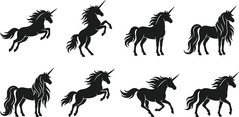 Magical unicorn black silhouettes collection in dynamic poses including running jumping rearing and standing graphics vector set © MdRakib