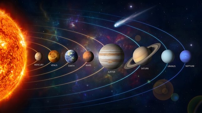 Educational illustration of the solar system showing planets aligned in orbit around the Sun with glowing cosmic effects.