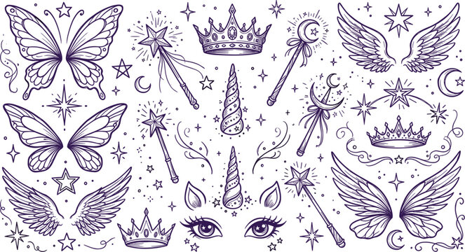 Magical fairy fairy-tale elements set featuring butterfly wings crowns magic wands unicorn horns stars and mystical sparkles vector
