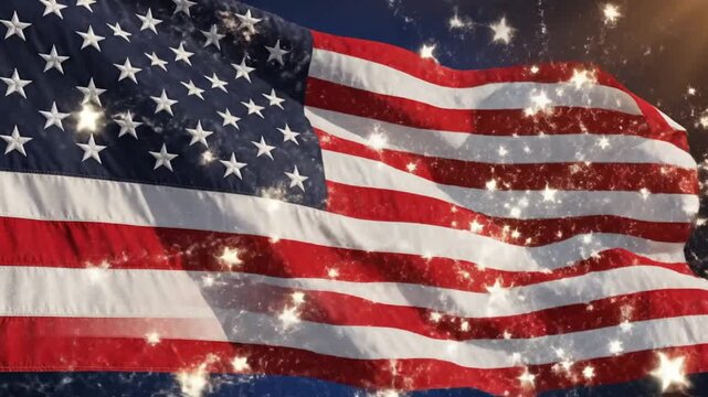 USA Flag Waving with Sparkling Stars and Lens Flare, Patriotic Background