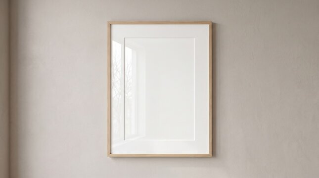 Blank vertical wooden picture frame mockup hanging on a beige plaster wall for art presentation