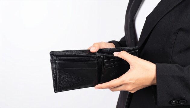 A business person holding open a completely empty black leather wallet, displaying financial failure and bankruptcy on white.
