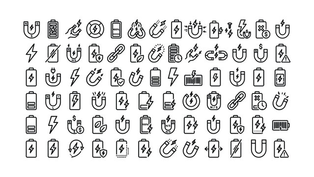 Battery and magnet icons with lightning bolts and charging symbols