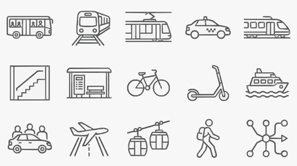 Creative Minimalist Line Drawing Icons Set of Various Transportation and Travel Methods in Black and White © Silal