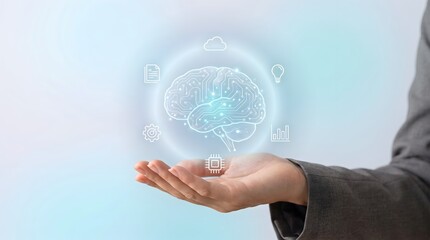 Obraz premium Smart technology automation system represented by glowing cybernetic brain hologram hovering above hand on bright background