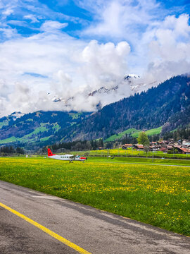 Small propeller plane parked in a spring meadow with the Swiss Alps in the background