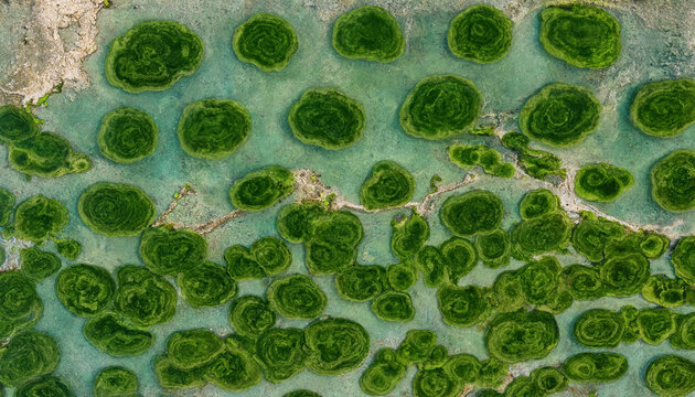 Aerial view of vibrant green algae patches floating in shallow turquoise water creating a natural organic pattern in a wetland ecosystem