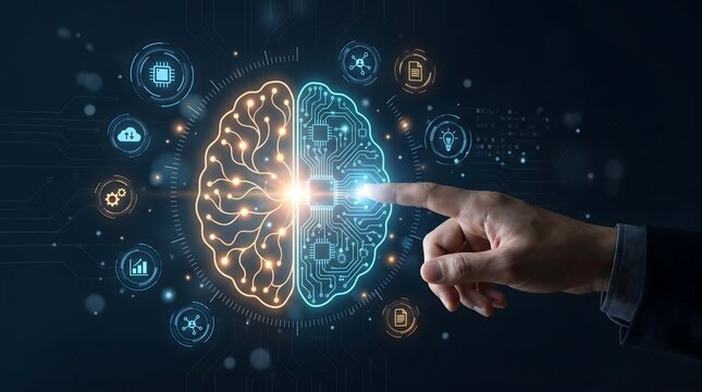 Human computer interaction showing finger touching split brain hologram combining organic neurology with artificial intelligence
