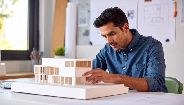 A professional architect modifying a physical structural building model