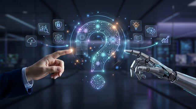 Human and machine collaboration solving complex business challenges with digital question mark interface in modern tech environment