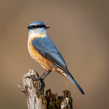 A beautiful Western Rock Nuthatch perched on a weathered wooden stump, showcasing its blue-grey plumage and distinctive black eye-stripe against a soft, blurred background.