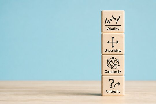 Wooden blocks with vuca acronym icons representing volatility uncertainty complexity