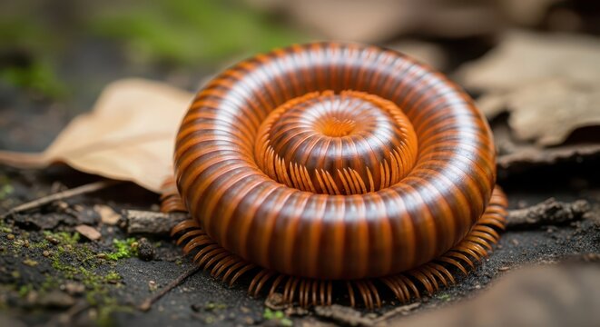 Segmented orange millipede coiled in natural forest ground