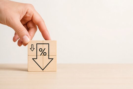 Hand placing wooden block with percentage down arrow symbol for financial decrease