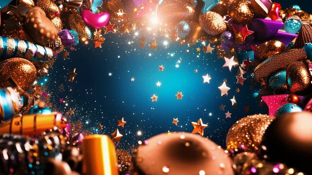 Festive celebration frame background concept sweet holiday party promo story. Epic glowing gold stars and chocolate candy for birthday vlog and event invitation inspiration.