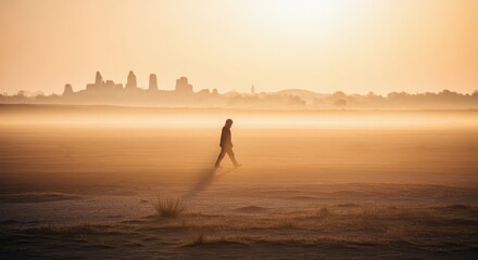 Fototapeta premium Silhouette of a solitary person walking through misty dawn landscape with distant city skyline