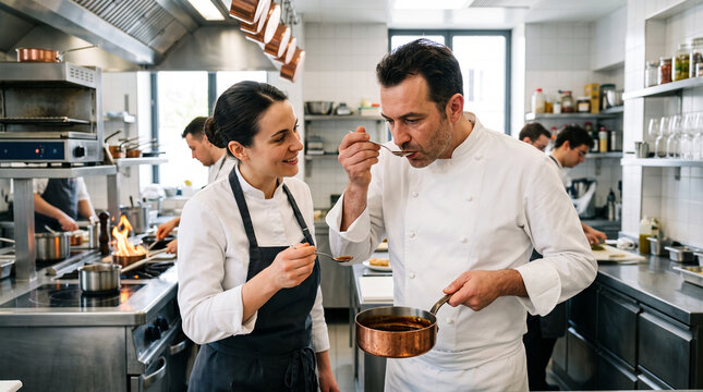 Two professional chefs collaborating and tasting a sauce from a spoon in a pristine stainless steel French restaurant kitchen, executive chef and sous chef discussing the flavor, teamwork