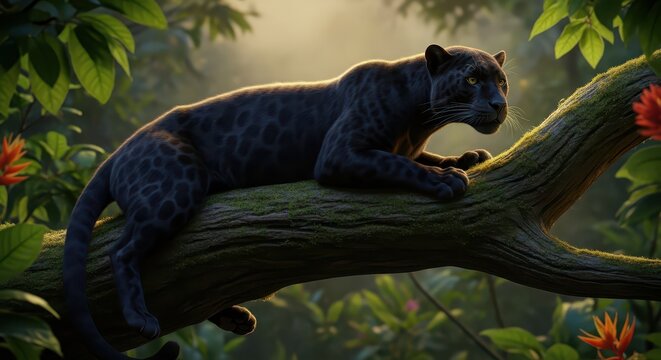 Sleek Black Panther Coiled on Mossy Tree Branch in Jungle Sunlight
