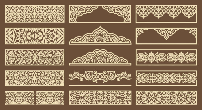 Ornate Decorative Borders and Frames, Arabesque and Islamic Motifs, Vector Elements