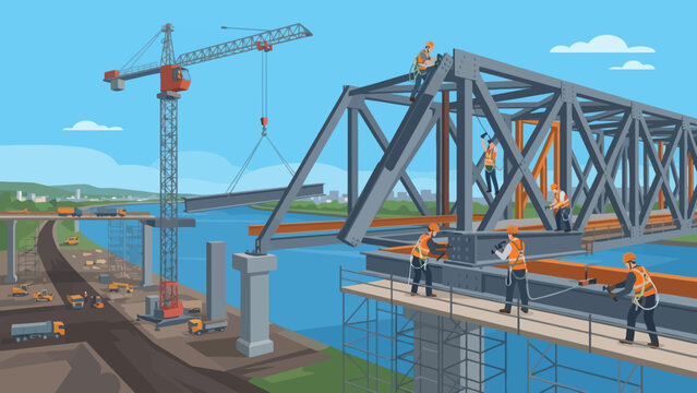 Busy bridge construction site over a river with cranes, steel framework, and workers.