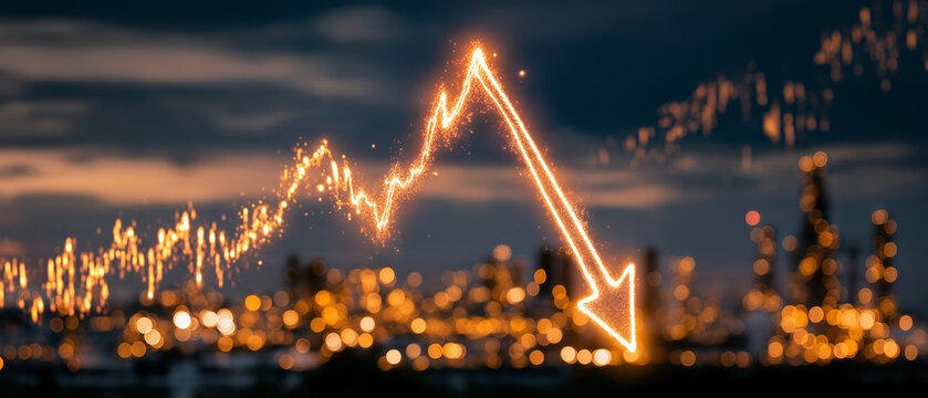 Economic Downturn: A glowing, fiery downward arrow charts a sharp decline over a blurry cityscape at dusk, symbolizing a stark economic recession and financial crisis.