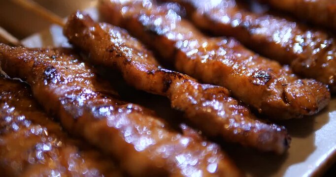 Close up of Thai grilled pork skewers Moo Ping