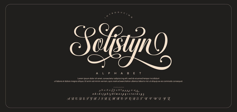 Solistyn Luxury wedding alphabet letters font with tails. Typography elegant classic serif fonts and number decorative vintage retro concept for logo branding. vector illustration
