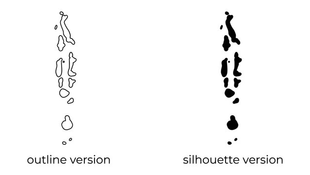 Maldives Outline and Silhouette: A graphic representation of the Maldives showing both its outline and solid silhouette.
