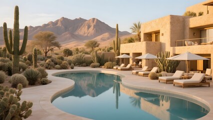 Fototapeta premium Luxury Desert Resort Pool with Organic Curves, Sandstone Architecture and Mountain Views