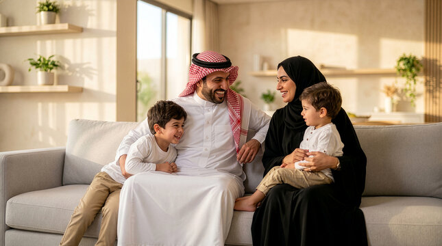 A happy Saudi family enjoys quality time together in a modern living room, capturing the warmth of family bonding, love, happiness, and everyday life in a comfortable home environment.