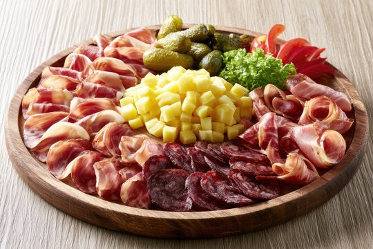 Assortment of Cured Meats and Pickles on a Wooden Platter.