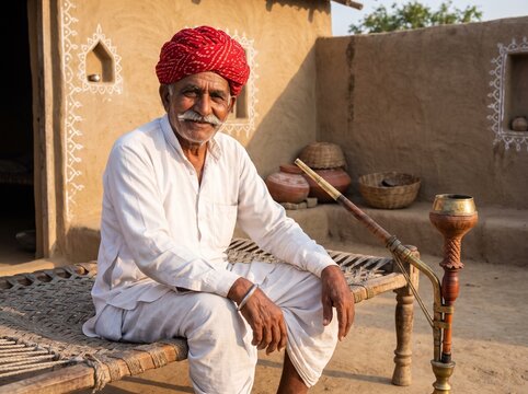 Elderly Rajasthani Man Sitting with Traditional Hookah in Rural Village