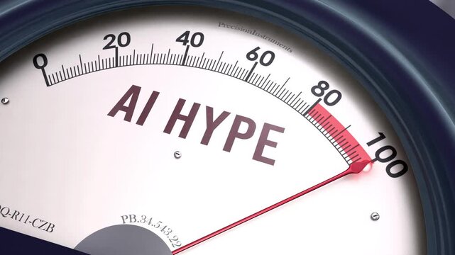 Ai hype off the charts. Meter showing increasing, dangerous and high levels of ai hype, potential overload. Maximum and critical ai hype