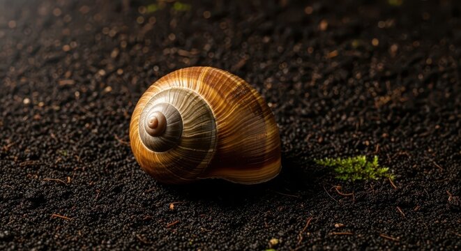 Solitary Snail Shell Resting on Dark Textured Ground