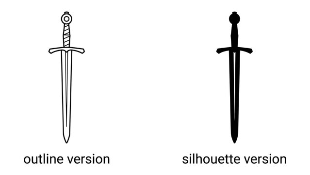 Medieval Sword Icon: A classic medieval sword is presented in two distinct styles: a detailed outline and a bold silhouette, perfect for representing history, combat, or fantasy themes.