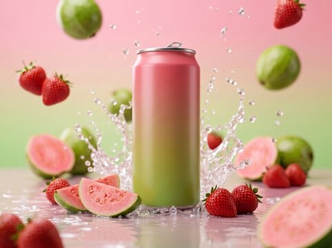 Luxury Guava Strawberry Aluminum Drink Can with Fresh Tropical Fruits on Vibrant Pink Background with Crystal Clear Water Splash