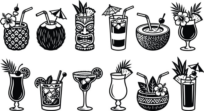 Tropical Cocktail and Tiki Bar Icon Set Featuring Pineapple Drink, Coconut Beverage, Margarita, Mojito, and Exotic Summer Drinks for Beach Party Graphic Designs