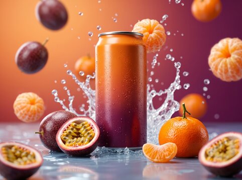 Luxury Tangerine Passion Fruit Aluminum Drink Can with Fresh Citrus and Tropical Fruits with Water Splash