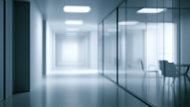 Blurry modern office hallway with glass walls and soft lighting
