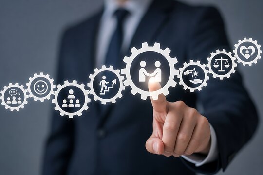 Businessman touching gear icons representing value proposition and customer service