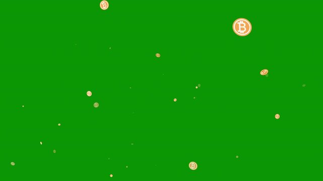 Golden bitcoin coin explosion glitter dynamic Particle effect explosion coins glowing streaks on green background, cryptocurrency promotions, symbolizing wealth, and digital financial technology, 4k