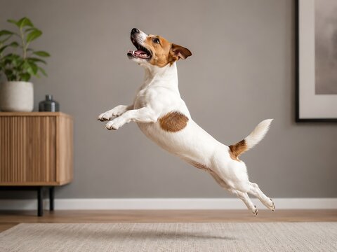 Energetic jack russell terrier dog jumping in the air in a bright living room with a wooden cabinet and a potted plant