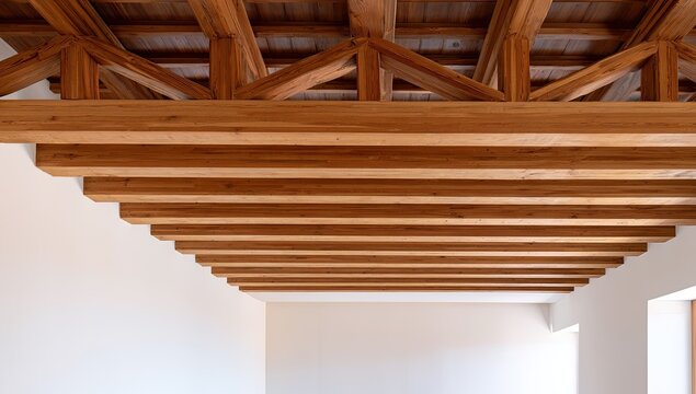 Intricate wooden beam ceiling structure with white walls