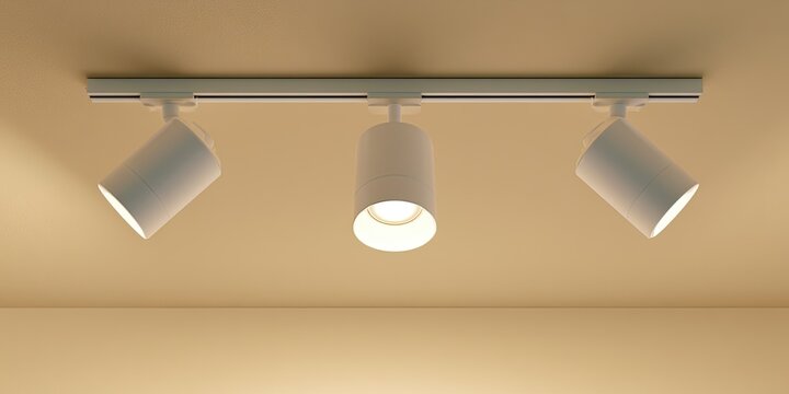 White track lighting with three adjustable cylindrical spotlights on a neutral ceiling