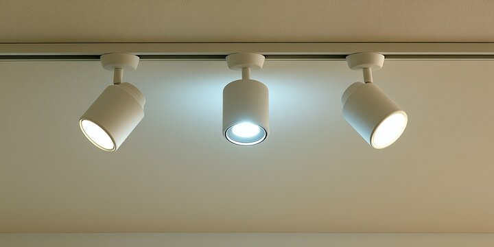 Three white cylindrical spotlights illuminate a ceiling track