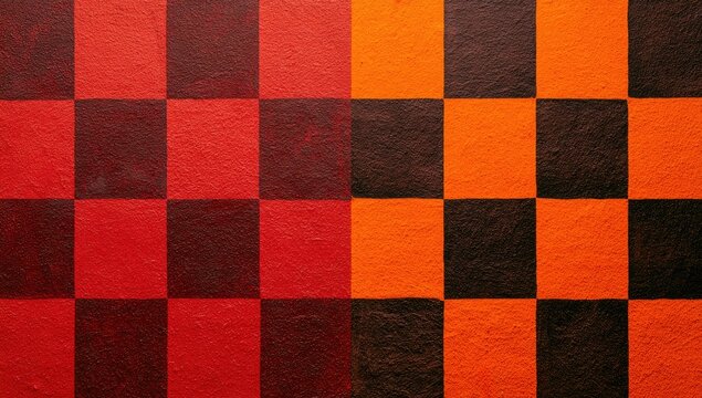 Textured checkerboard pattern of red and orange squares with dark alternates