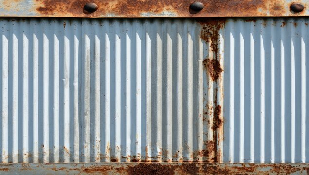Close-up textured detail of weathered corrugated metal with rust and rivets