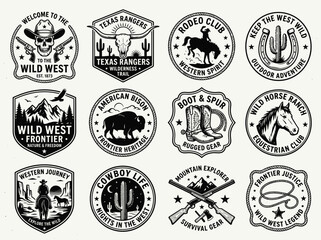 Fototapeta premium Collection of vintage western-themed badges and emblems featuring cowboys, skulls, animals, and landscapes in black and white.
