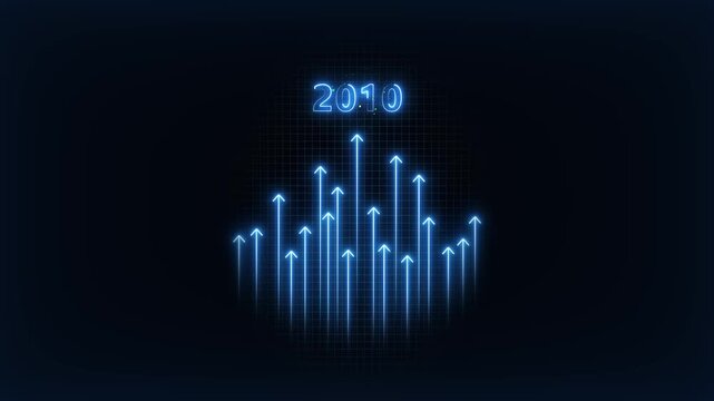 Neon blue financial growth chart with upward arrows and 2010 year label digital business data visualization animation
